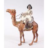 A FINE 19TH CENTURY ORIENTALIST COLD PAINTED BERGMAN BRONZE FIGURE OF AN ARAB UPON A CAMEL, the
