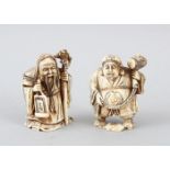 TWO GOOD JAPANESE MEIJI PERIOD CARVED IVORY LUCKY GOD NETSUKE, both netsuke in the form of lucky