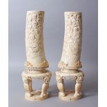 A GOOD PAIR OF JAPANESE MEIJI PERIOD CARVED IVORY & SHIBAYAMA TUSK VASES ON IVORY STANDS, each
