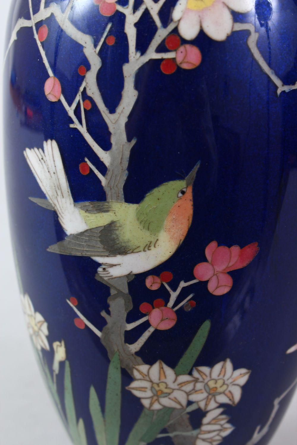 A JAPANESE MEIJI PERIOD CLOISONNE VASE, the rich blue ground with decoration of a bird amongst - Image 5 of 6