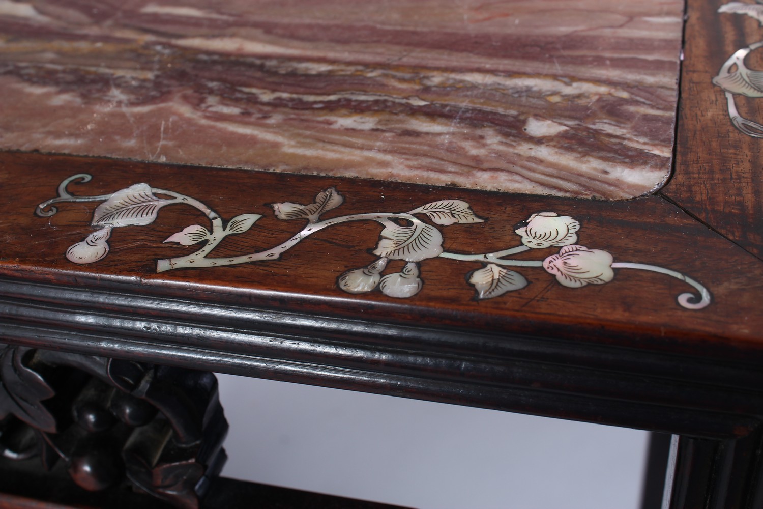 A GOOD PAIR OF 19TH CENTURY CHINESE HARDWOOD AND MOTHER OF PEARL MARBLE TOP STANDS, the tops inset - Image 5 of 7