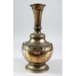 A LARGE 18TH / 19TH CENTURY INDIAN BRONZE SURAHI BOTTLE VASE, with moulded lotus decoration, 33cm