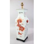 A GOOD 19TH CENTURY CHINESE FAMILLE ROSE PORCELAIN SQUARE FORM VASE / LAMP, the body of the vase