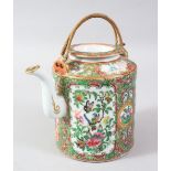 A 19TH CENTURY CHINESE CANTON PORCELAIN TEA POT, painted with panels of figures, flowers and