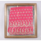 A FRAMED AND GLAZED INDIAN SILK WORK with gold thread, 36cm x 30cm.