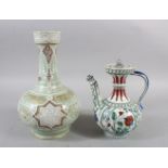 TWO ISLAMIC POTTERY PIECES, A BULBOUS VASE with gilt calligraphy, 29cm high, and a WINE JUG AND