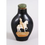 A 19TH / 20TH CENTURY CHINESE FAMILLE NOIR PORCELAIN SNUFF BOTTLE, depicting a man upon horse