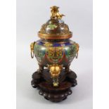 A GOOD 19TH / 20TH CENTURY CHINESE TRIPLE FOOT CLOISONNE CENSER & COVER, the body of the censer with