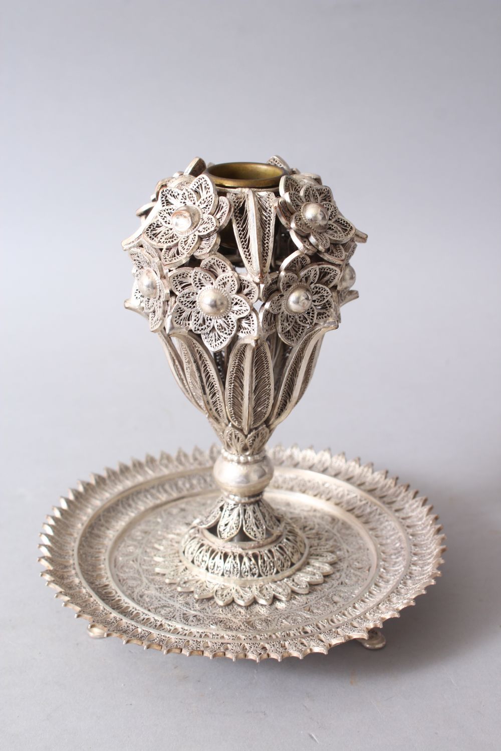 A FINE INDIAN FILIGREE WHITE METAL INCENSE BURNER, the burner formed of floral display, 15.5cm - Image 2 of 7