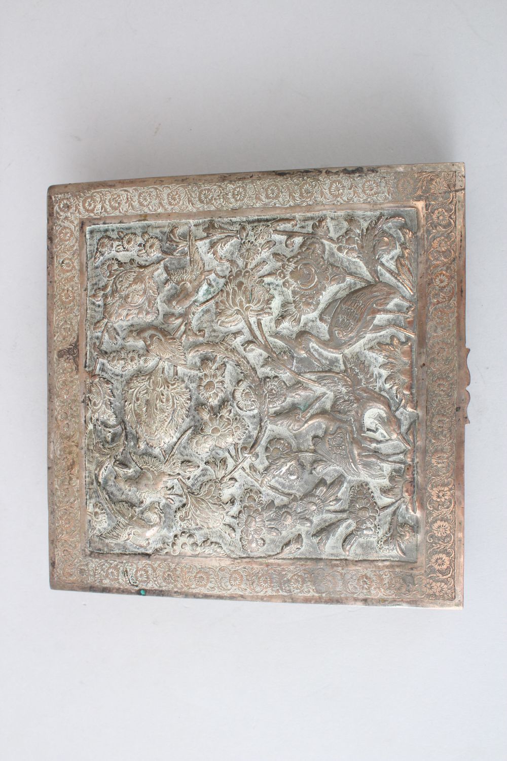 LATE 19TH CENTURY PERSIAN WHITE METAL BOX, the hinged cover embossed with birds and foliage within - Image 2 of 5