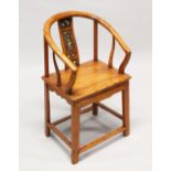 A GOOD 19TH / 20TH CENTURY CHINESE HARDWOOD HOOP BACK CHAIR, the chair with hoop back, with a