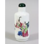 A GOOD 19TH CENTURY CHINESE FAMILLE ROSE PORCELAIN SNUFF BOTTLE, the bottle decorated with scenes of