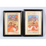 TWO 18TH / 19TH CENTURY FRAMED INDO PERSIAN MINATURE PAINTINGS, both o figures upon horseback in