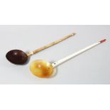 TWO FINE 19TH CENTURY TURKISH OTTOMAN SHERBERT SPOONS, one with Coconut bowl and Ivory handle 23.5cm