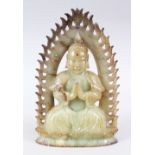 A LOVELY CHINESE CARVED JADE AND INLAID TURQUOISE & STONE BUDDHA / DEITY, in a seated position in