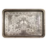 A SUPERB LARGE AND FINE PERSIAN SOLID SILVER RECTANGULAR TRAY, BY MARTEEN, SIGNED, the centre