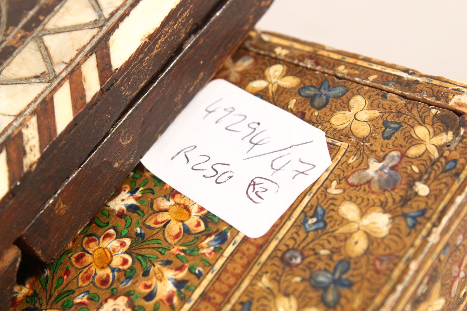 A MOTHER OF PEARL INLAID FOLDING QUARAN STAND, and a Kashmir Box (2). - Image 6 of 6