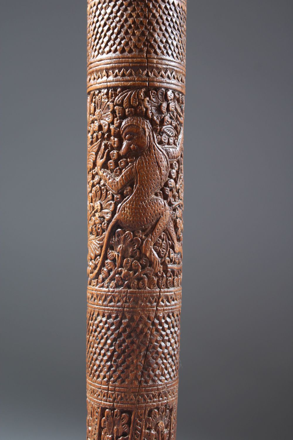 A 19TH CENTURY INDIAN CARVED SANDAL WOOD MAYSORE WALKING STICK, 87cm. - Image 8 of 10