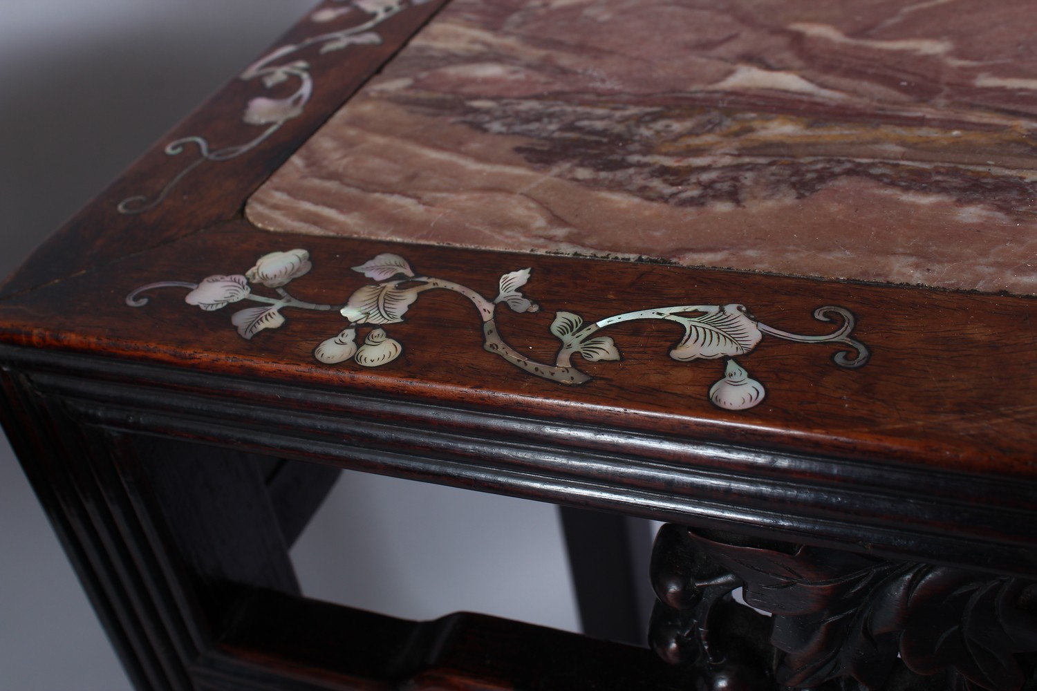 A GOOD PAIR OF 19TH CENTURY CHINESE HARDWOOD AND MOTHER OF PEARL MARBLE TOP STANDS, the tops inset - Image 6 of 7