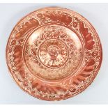 A GOOD 16TH CENTURY DESIGN TIN GLAZED LUSTRE CIRCULAR DISH, 37.5cm diameter.