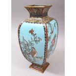 A GOOD JAPANESE MEIJI PERIOD SQUARE FORMED CLOISONNE VASE, each panel of the vase depicting a