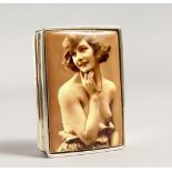 A SILVER RECTANGULAR PILL BOX, the lid with an enamel of a classic nude. 1.75ins long.
