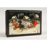 A RUSSIAN LACQUER BOX, decorated with a bear in a sleigh in a snowy landscape. 4ins x 2.75ins.
