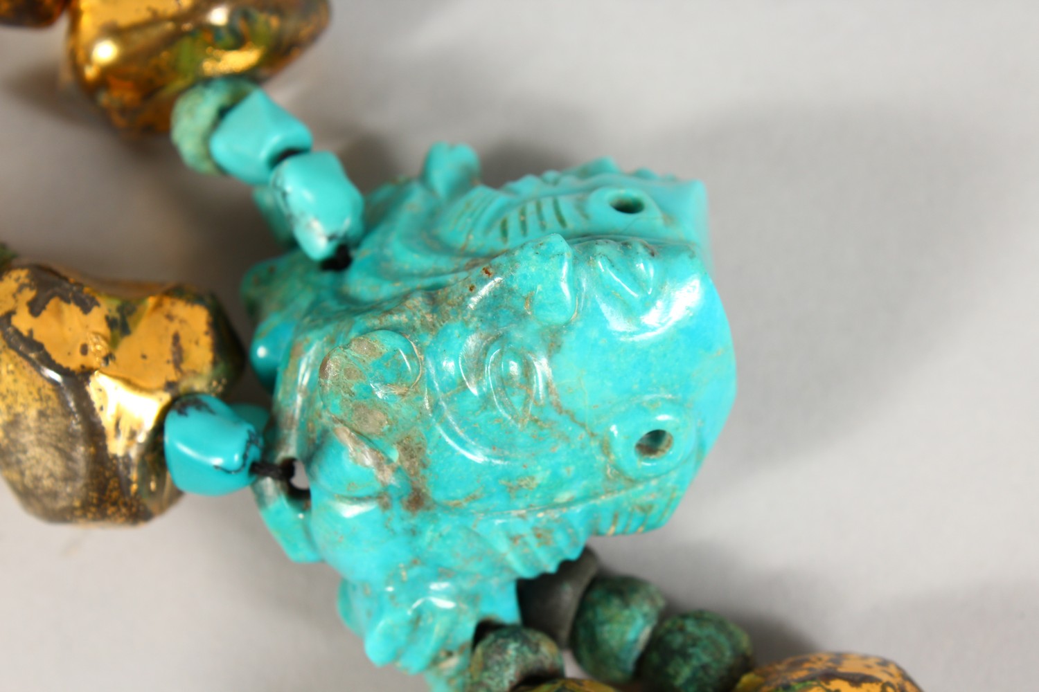 A LARGE ROMAN TURQUOISE BEAD NECKLACE, mounted in a contemporary gilt metal setting. - Image 4 of 8