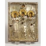 A RUSSIAN SILVER ICON. Three Figures. 4.5ins x 3.5ins.