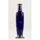 A SLENDER BLUE PORCELAIN VASE, Possibly Sevres, with gilt snowflake decoration and silver mounts (