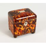 A GOOD SMALL GEORGE III TORTOISESHELL AND IVORY TWIN COMPARTMENT TEA CADDY, with engraved silver