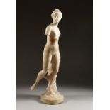 A LATE 19TH CENTURY CARVED ALABASTER STANDING FEMALE NUDE (AF). 24ins high.