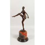 AN ART DECO STYLE BRONZE OF DANCERS, on a circular marble base. 19ins high.