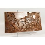 AN 18TH/19TH CENTURY DOUBLE SIDED BEECH GINGERBREAD MOULD, carved with a horse and cart and a