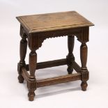 A 19TH CENTURY OAK JOINT STOOL, on turned legs. 1ft 8ins long x 1ft 1ins wide x 1ft 11ins high.