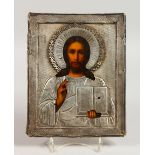 A RUSSIAN SILVER ICON. Christ. 8.5ins x 7ins.