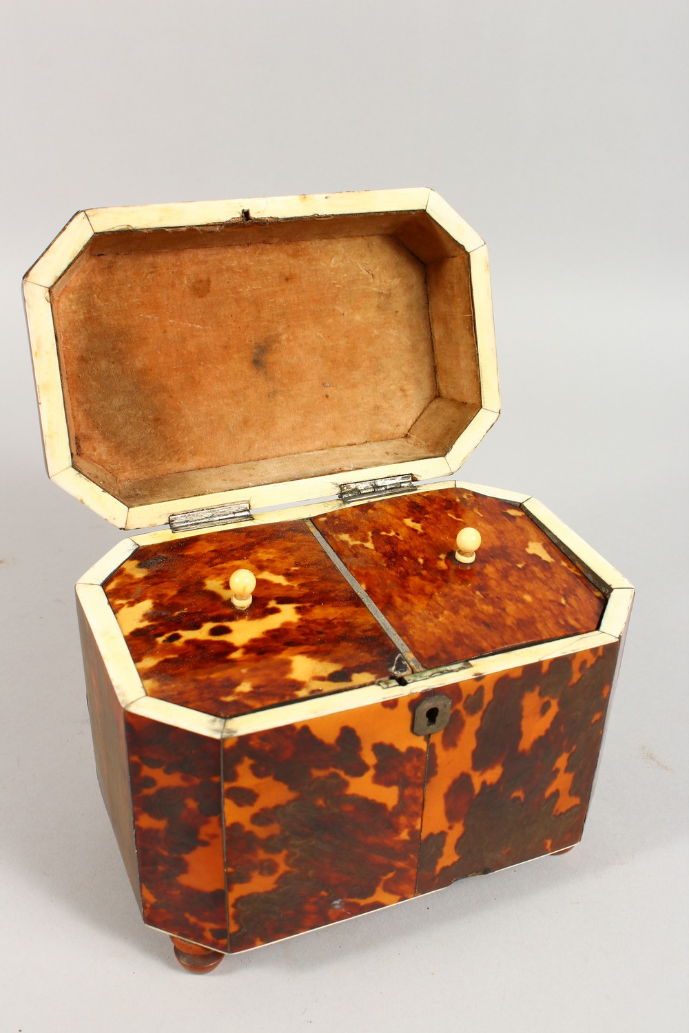 A GOOD GEORGE III TORTOISESHELL AND IVORY TWIN COMPARTMENT TEA CADDY, with plain silver plaque and - Image 6 of 9