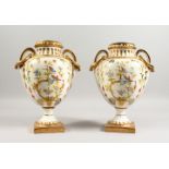 A PAIR OF SEVRES STYLE URN SHAPED TWIN-HANDLED VASES, decorated with birds. 12.5ins high.