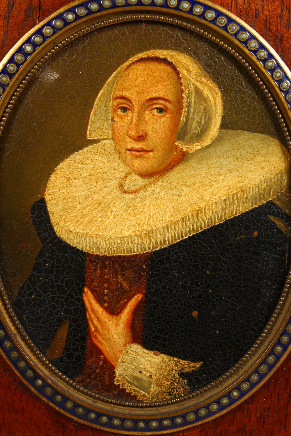 AN OVAL PORTRAIT MINIATURE, lady wearing a black coat with large white ruff, oil on copper, in an - Image 2 of 9