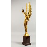 A GOOD GILT BRONZE FIGURE, of a standing winged female nude, holding a ewer and bowl, signed Siot