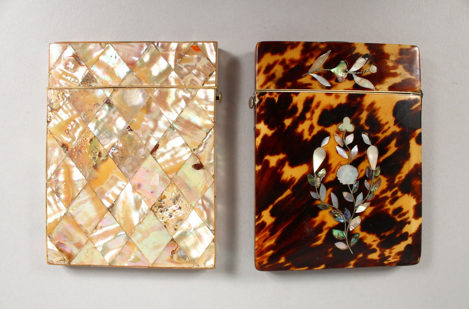 A 19TH CENTURY MOTHER-OF-PEARL CALLING CARD CASE, and a similar tortoiseshell case. 4ins x 3ins. - Image 2 of 4