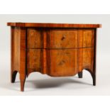 A GOOD CONTINENTAL MINIATURE TWO DRAWER MARQUETRY COMMODE, probably an apprentice piece, the top