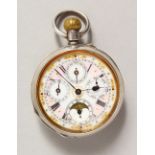 A SILVER FOUR DIAL POCKET WATCH, the back with an enamel of a steeplechase.