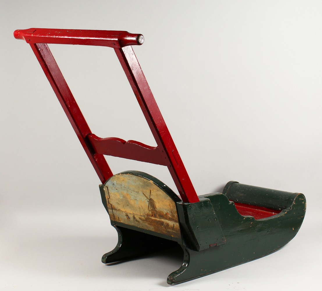 A CHILD'S PAINTED WOOD SLEIGH, EARLY 20TH CENTURY. 30ins long.