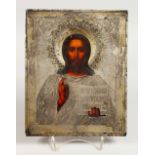 A RUSSIAN SILVER ICON. Christ. Silver Mark A.M. H.K. over 1869 84. 8.5ins x 7ins.