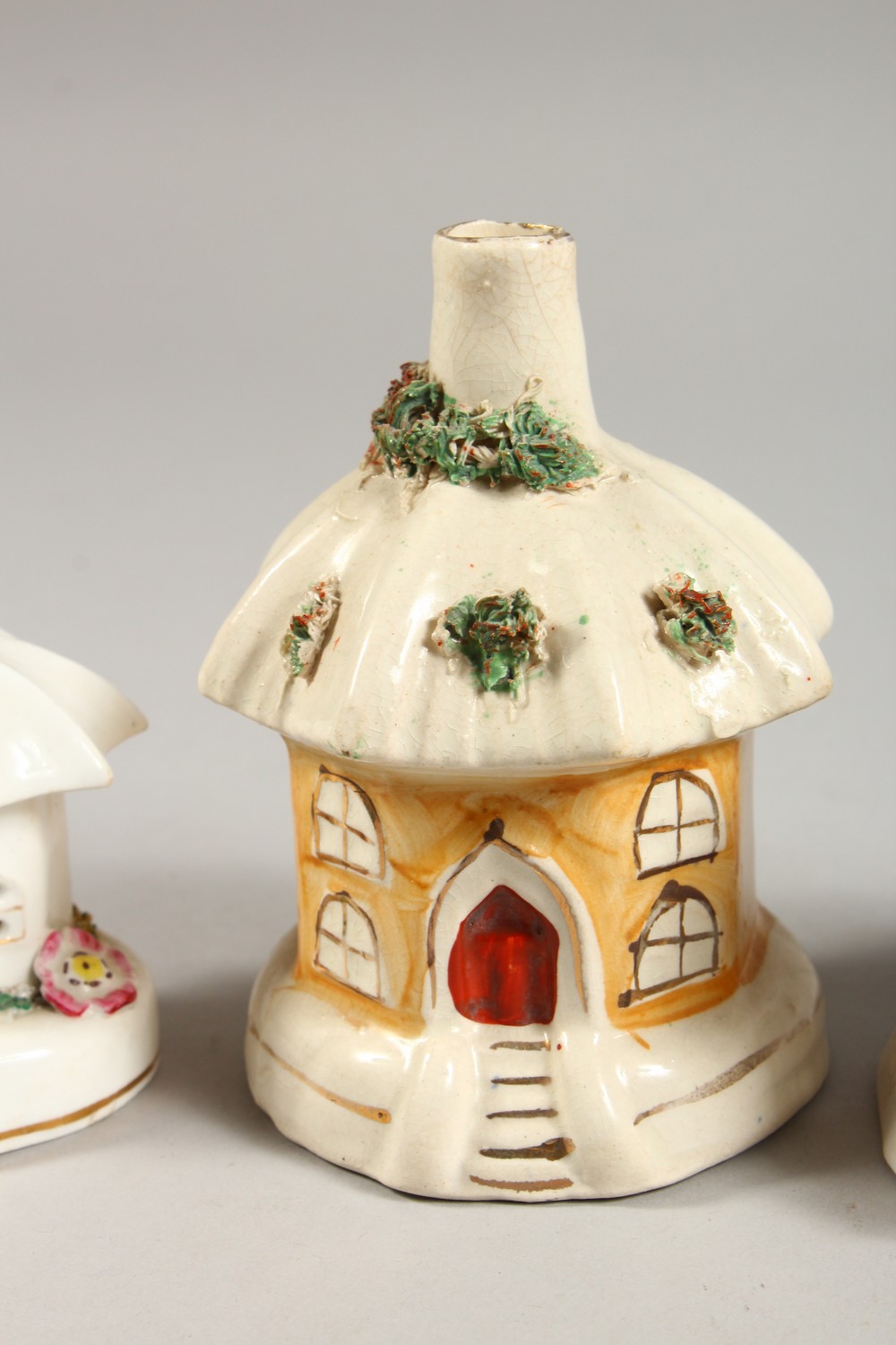 FOUR SMALL 19TH CENTURY STAFFORDSHIRE PASTILLE BURNER COTTAGES. - Image 4 of 6