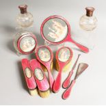 A VERY GOOD SILVER AND ENAMEL TEN PIECE DRESSING TABLE SET, each piece decorated with pink ground