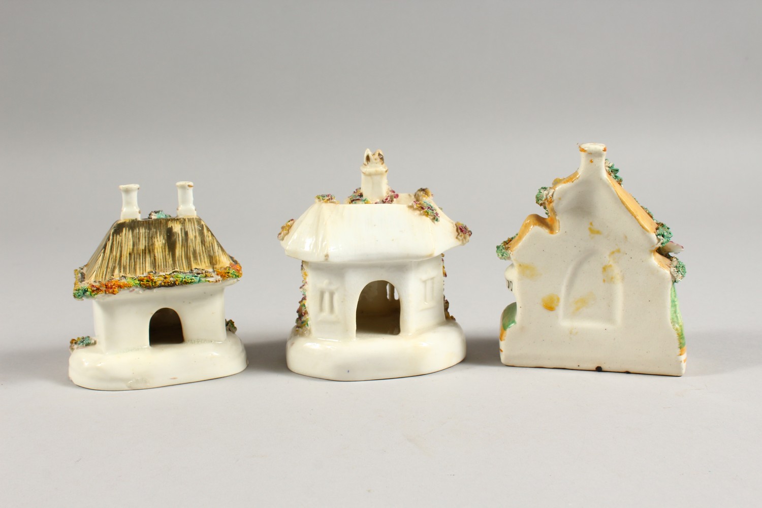 THREE SMALL 19TH CENTURY STAFFORDSHIRE PASTILLE BURNER COTTAGES. - Image 5 of 5