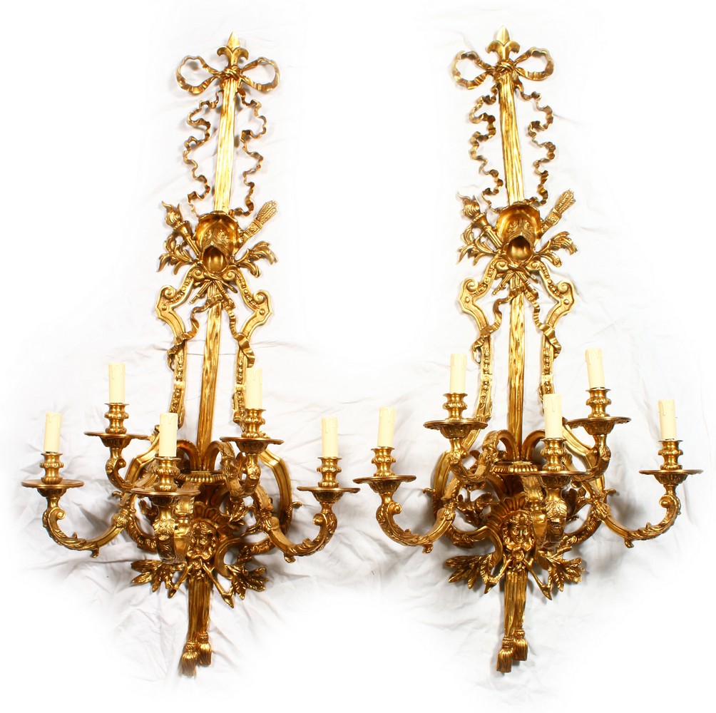 A LARGE, IMPRESSIVE PAIR OF CLASSICAL STYLE ORMOLU FIVE BRANCH WALL SCONCES. 48ins high x 23ins