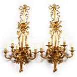 A LARGE, IMPRESSIVE PAIR OF CLASSICAL STYLE ORMOLU FIVE BRANCH WALL SCONCES. 48ins high x 23ins